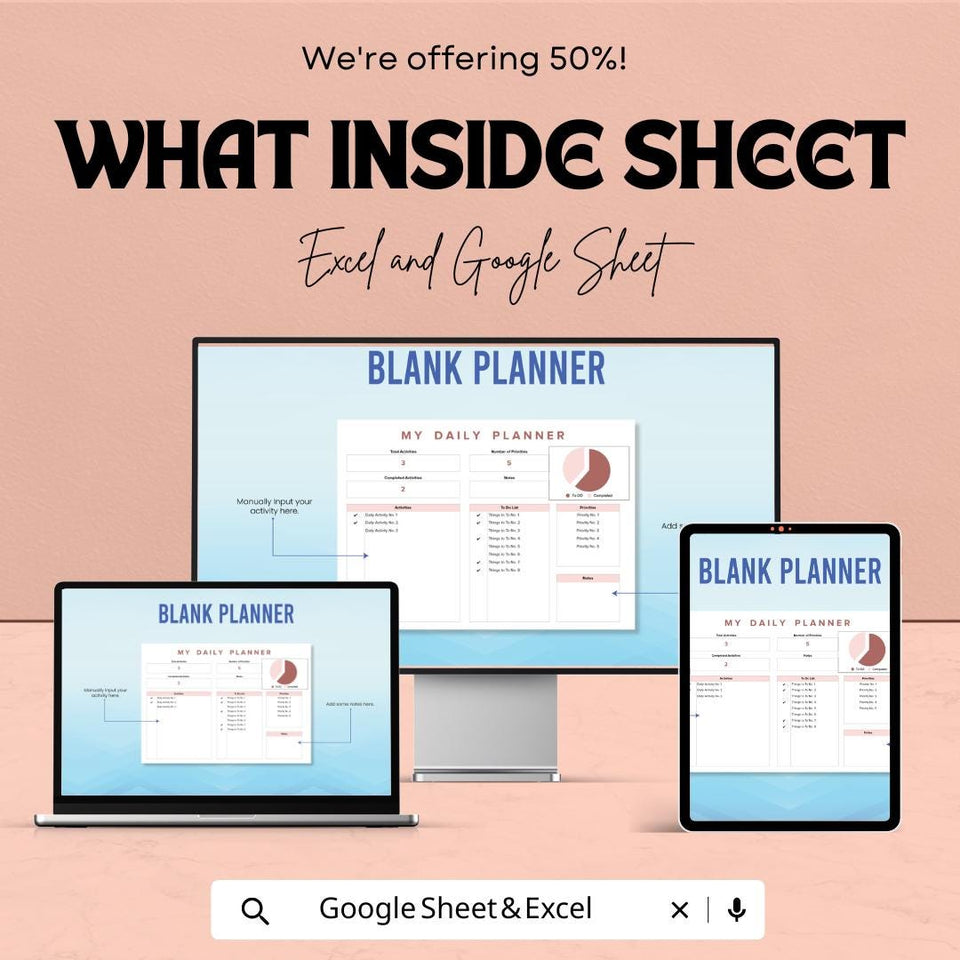 Blank Planner Sheet | Daily Planner Template | Excel and Google Sheets | Customizable Planner for Organization & Productivity