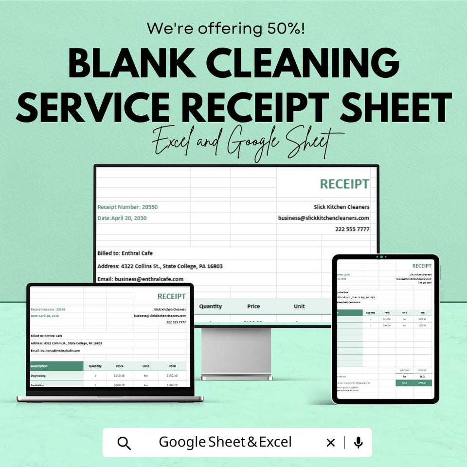 Blank Cleaning Service Receipt Sheet | Excel & Google Sheets Template | Customizable Receipt | Instant Download | Business Template