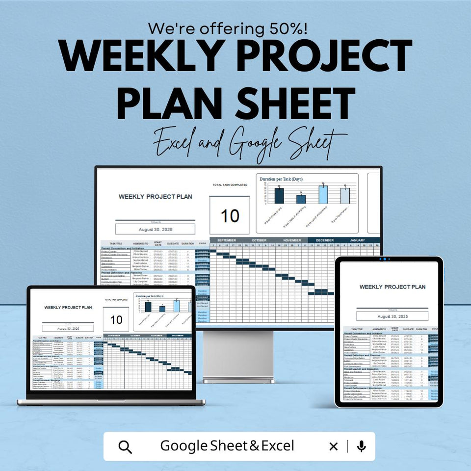 Weekly Project Plan Template Sheet | Excel and Google Sheets | Project Management Tool | Task Scheduling & Tracking Template