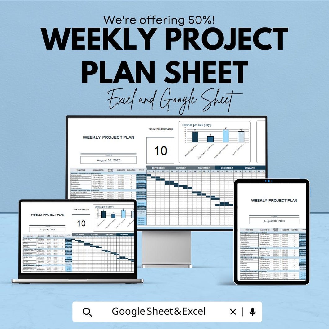 Weekly Project Plan Template Sheet | Excel and Google Sheets | Project Management Tool | Task Scheduling & Tracking Template