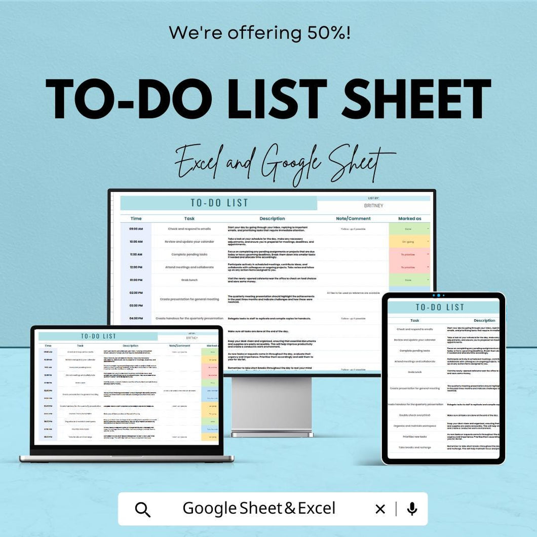 To-Do List Sheet | Daily Task Tracker | Excel & Google Sheets Template | Productivity Planner | Instant Download | Customizable Task List