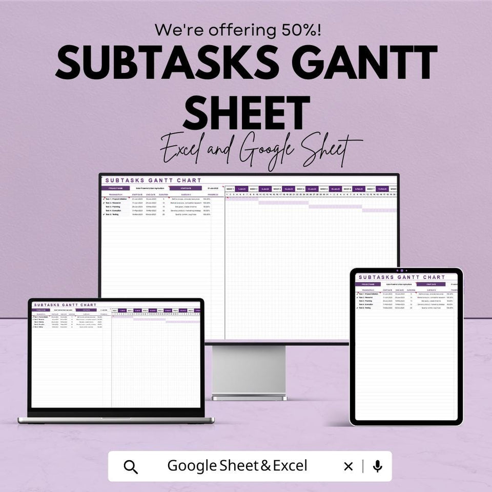 Subtasks Gantt Chart Template | Excel & Google Sheets | Task Management and Project Tracker