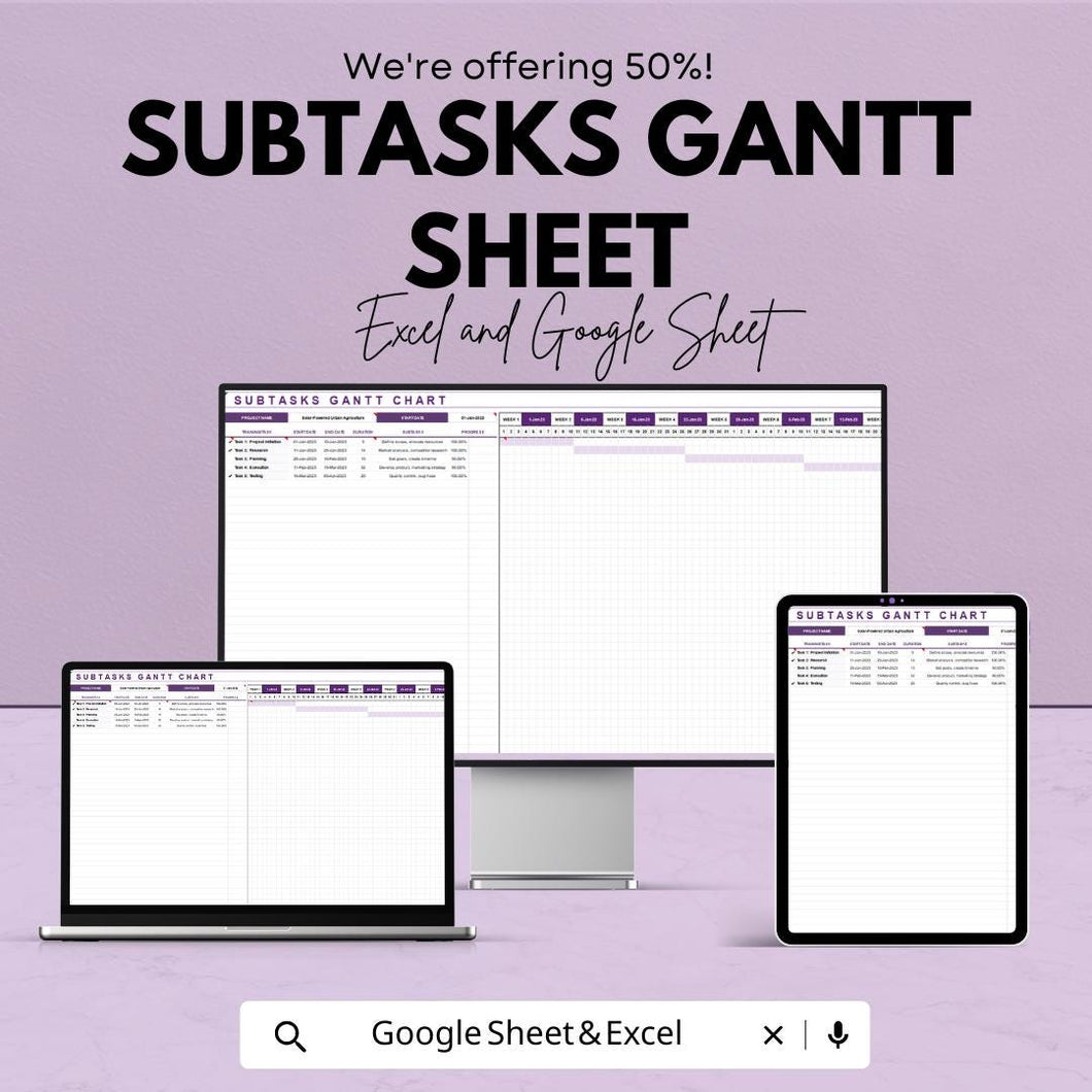 Subtasks Gantt Chart Template | Excel & Google Sheets | Task Management and Project Tracker