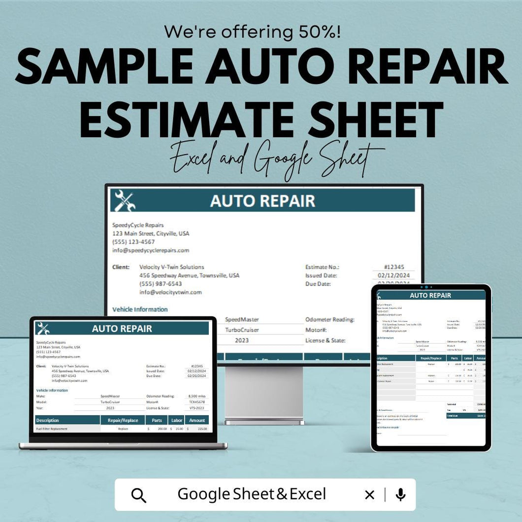 Sample Auto Repair Estimate Sheet | Excel & Google Sheet Template | Auto Repair Service Invoice | Customizable Vehicle Repair Estimate