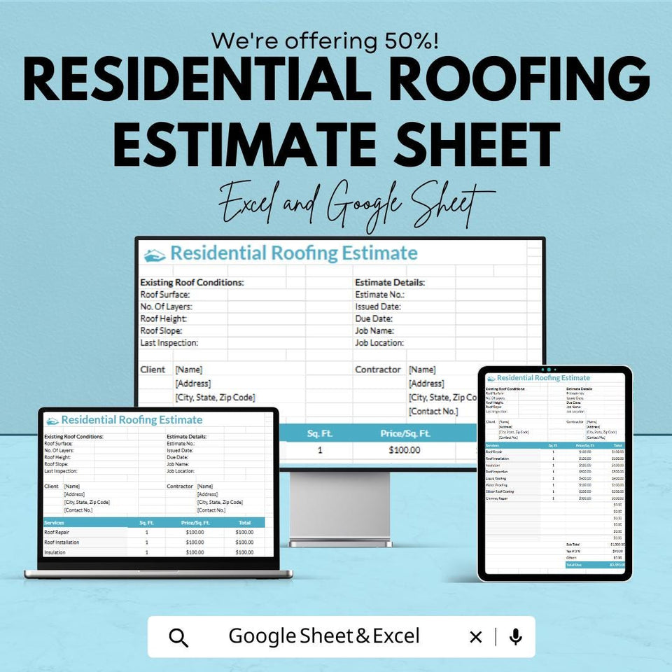 Residential Roofing Estimate Sheet | Excel & Google Sheets Template | Professional Roofing Estimate | Instant Download |
