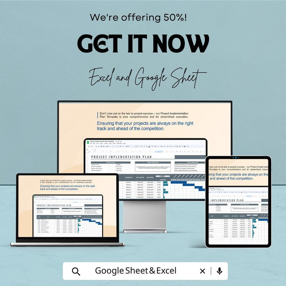 Project Implementation Plan Sheet – Editable Excel and Google Sheets Template for Project Management, Tracking & Reporting