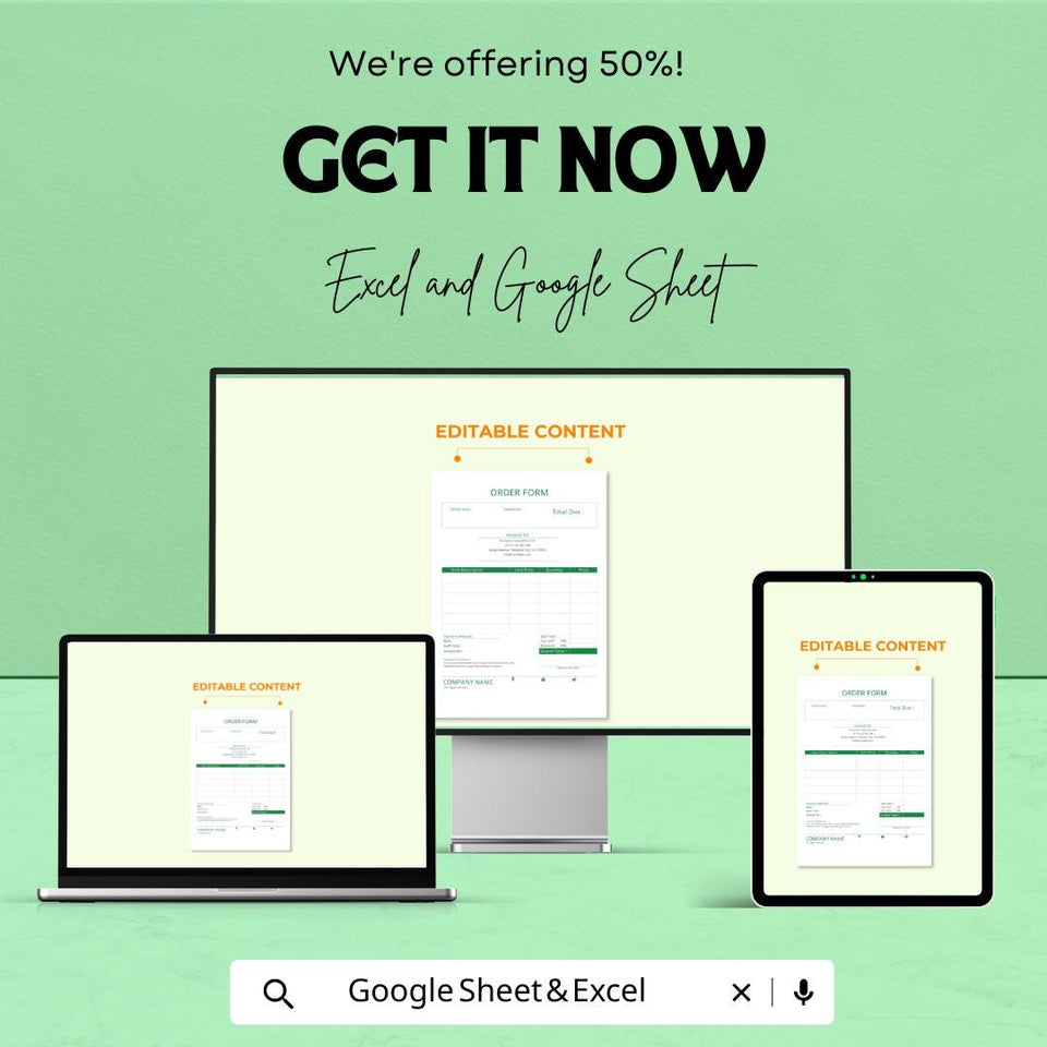 Order Form Sheet – Editable Excel & Google Sheets Template for Product Orders, Invoicing, and Billing