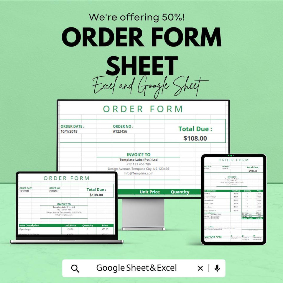 Order Form Sheet – Editable Excel & Google Sheets Template for Product Orders, Invoicing, and Billing