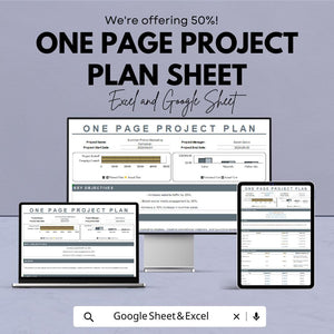 One Page Project Plan Sheet – Excel & Google Sheets Template for Project Management, Budgeting, and Task Tracking