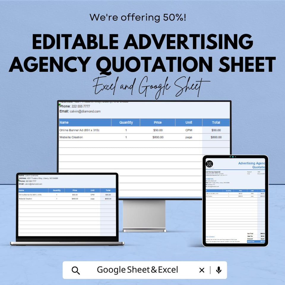 Editable Advertising Agency Quotation Sheet – Excel and Google Sheets Template for Custom Quotes, Pricing & Client Estimates