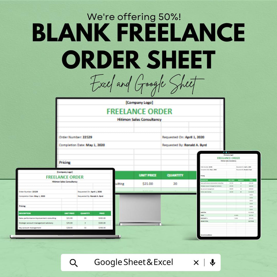 Blank Freelance Order Sheet | Excel & Google Sheets Template | Freelance Pricing Order Form | Instant Download | Customizable Template