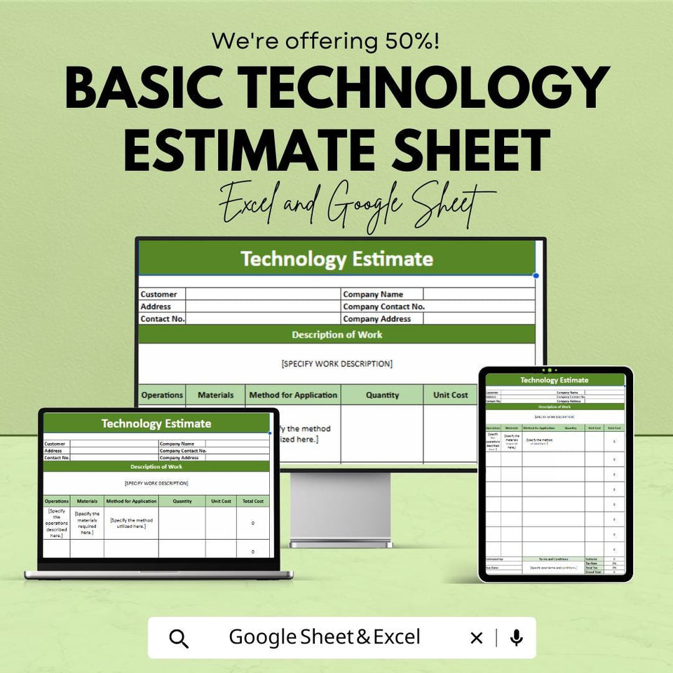 Basic Technology Estimate Sheet – Excel & Google Sheets Template for Cost Estimation, Pricing, and Project Management