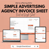 Simple Advertising Agency Invoice Sheet - Excel & Google Sheets, Editable Invoice Template for Agencies, Professional Invoice Design