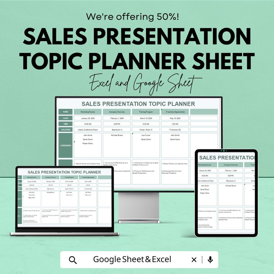 Sales Presentation Topic Planner Sheet – Excel and Google Sheets | Sales Presentation Organizer | Topic Brainstorming & Scheduling Template