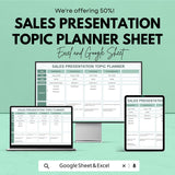Sales Presentation Topic Planner Sheet – Excel and Google Sheets | Sales Presentation Organizer | Topic Brainstorming & Scheduling Template