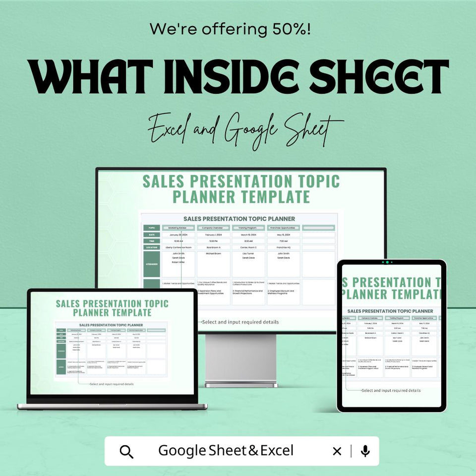 Sales Presentation Topic Planner Sheet – Excel and Google Sheets | Sales Presentation Organizer | Topic Brainstorming & Scheduling Template