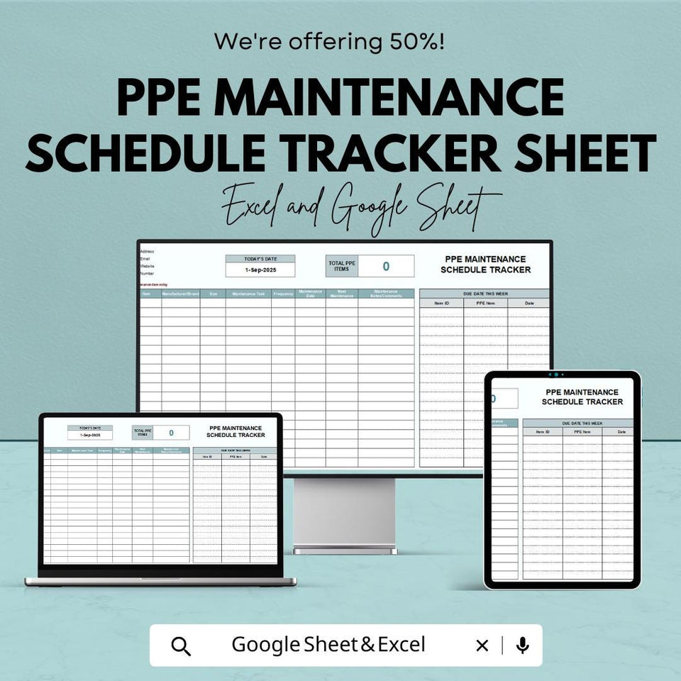 PPE Maintenance Schedule Tracker Sheet | Excel & Google Sheets Template | Personal Protective Equipment Tracker | Safety Compliance Tool |