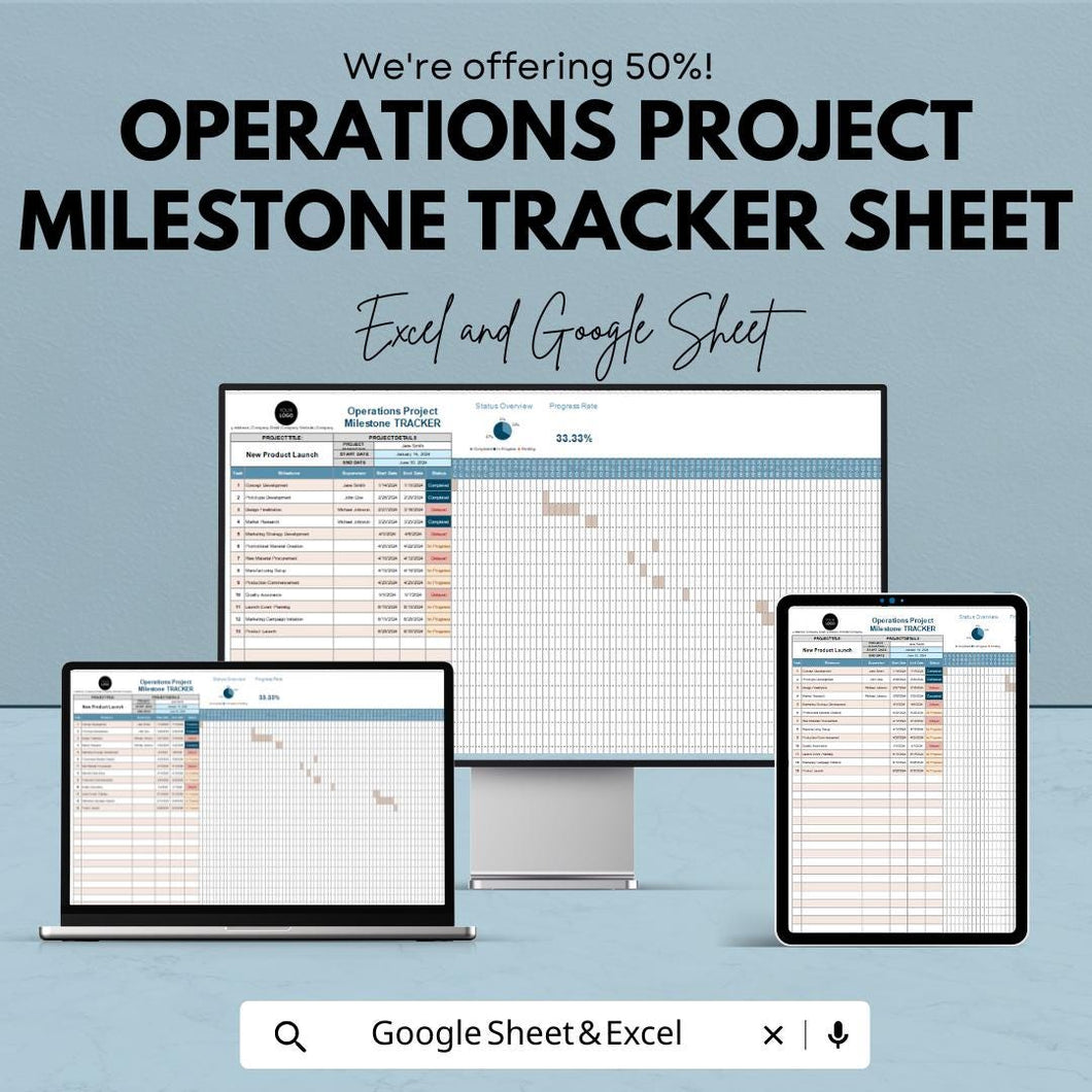 Operations Project Milestone Tracker Sheet - Excel and Google Sheet Template for Project Management, Track Milestones & Deadlines,