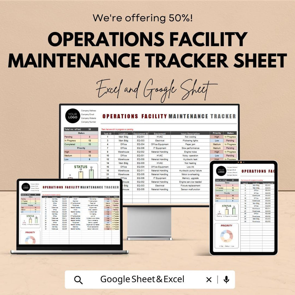 Operations Facility Maintenance Tracker Sheet – Excel & Google Sheets | Facility Maintenance Log Template | Task Scheduling, Asset Tracking