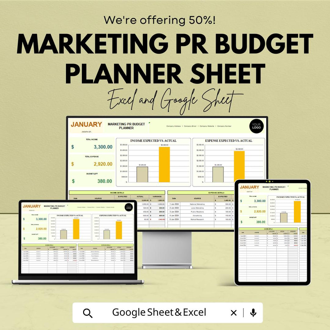 Marketing PR Budget Planner Sheet – Excel & Google Sheets | Monthly Marketing Budget Tracker | Customizable PR Budget
