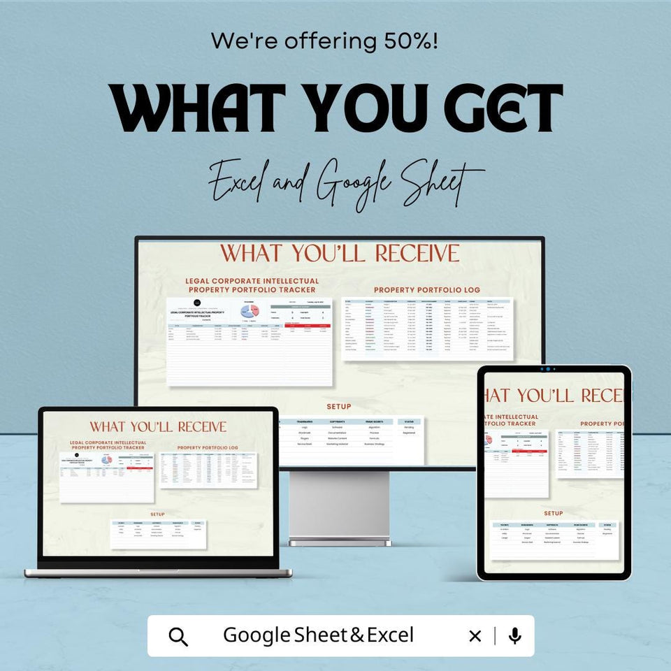 Legal Corporate Intellectual Property Portfolio Tracker Sheet | Excel & Google Sheets Template | IP Asset Management |
