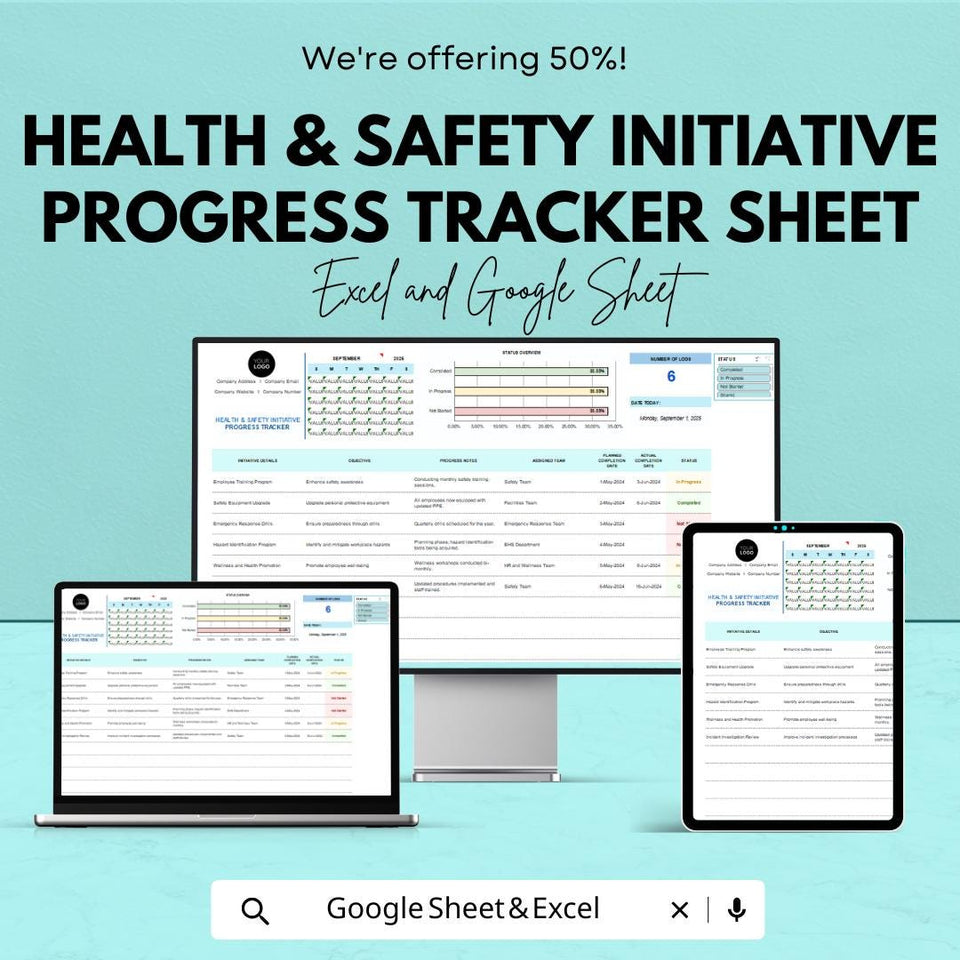 Health & Safety Initiative Progress Tracker Sheet | Excel and Google Sheets Template | Workplace Safety Management |