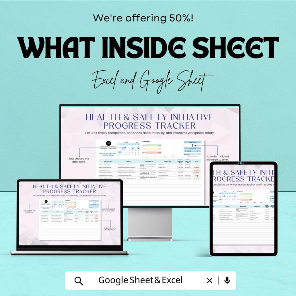 Health & Safety Initiative Progress Tracker Sheet | Excel and Google Sheets Template | Workplace Safety Management |