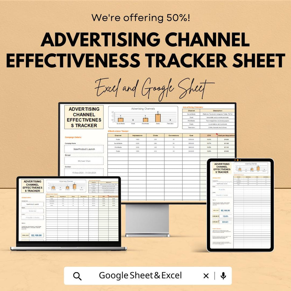 Advertising Channel Effectiveness Tracker Sheet | Excel & Google Sheet Template | Track Campaign Performance | Marketing Analytics Tool |