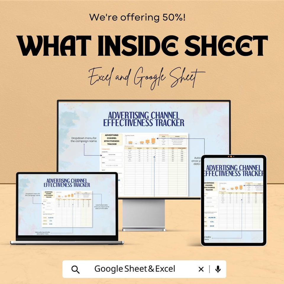 Advertising Channel Effectiveness Tracker Sheet | Excel & Google Sheet Template | Track Campaign Performance | Marketing Analytics Tool |