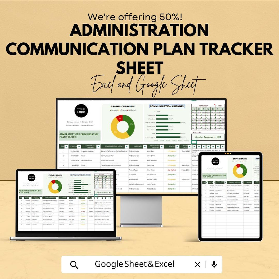 50% OFF - Administration Communication Plan Tracker Sheet - Excel & Google Sheets | Track and Manage Communication Efforts |