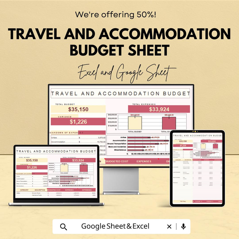 Travel and Accommodation Budget Sheet – Excel & Google Sheet Template – 2024 Travel Planning for Hotels and Businesses – Track Travel |