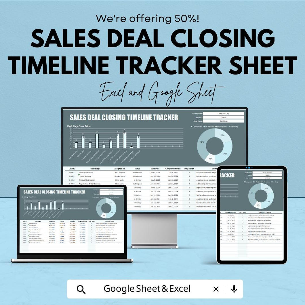 Sales Deal Closing Timeline Tracker Sheet - Excel & Google Sheets Template | Sales Deal Progress Tracker | Closing Rate Monitor for 2024