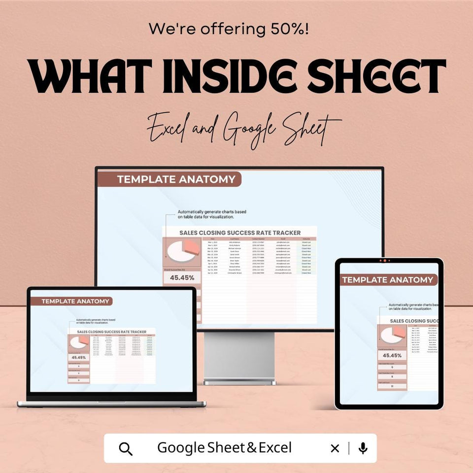 Sales Closing Success Rate Tracker Sheet - Excel & Google Sheets Template | Sales Performance Tracker | Close Rate Monitor for 2024