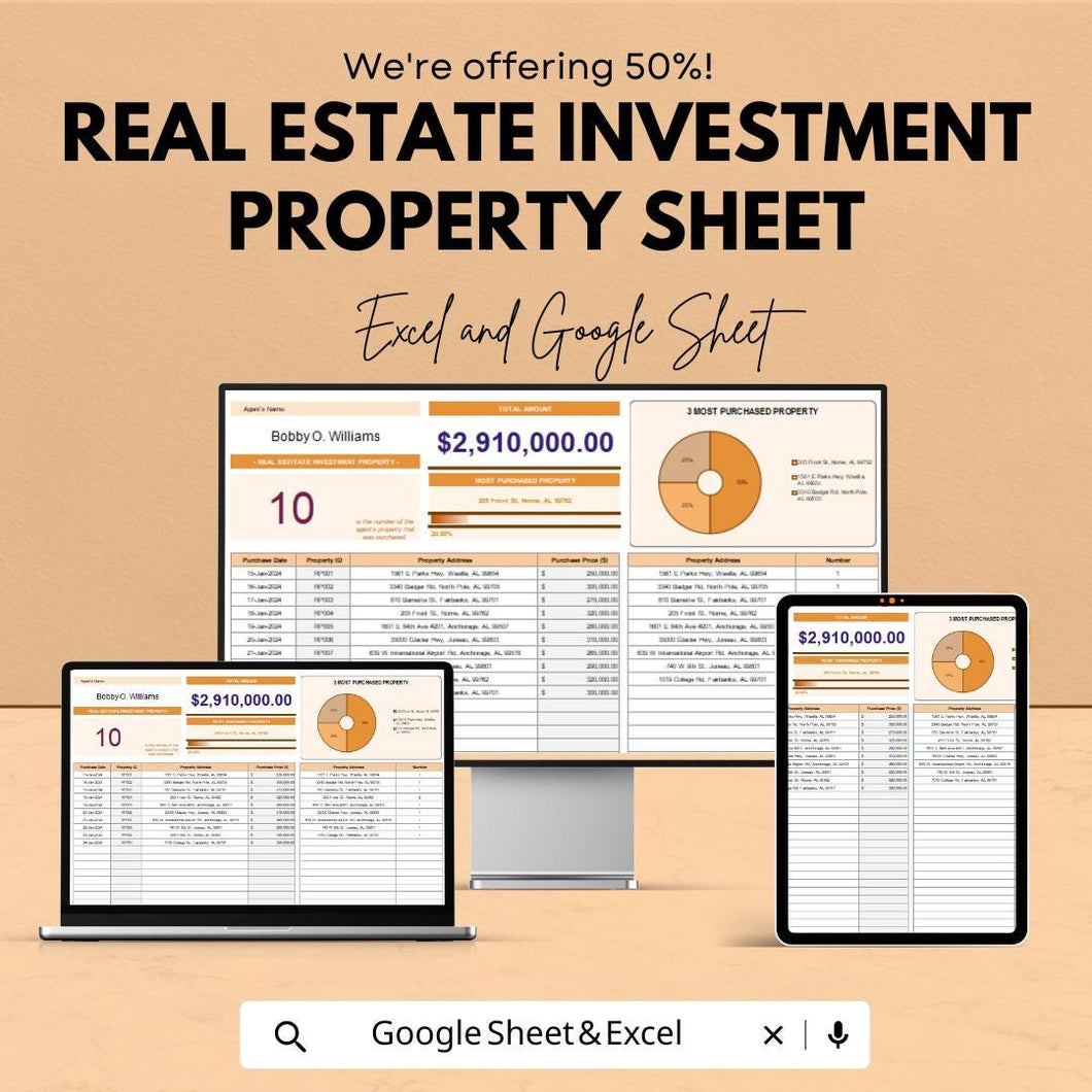 Real Estate Investment Property Sheet – Excel and Google Sheet Template – Property Management, Financial Analysis & Expense Tracking –