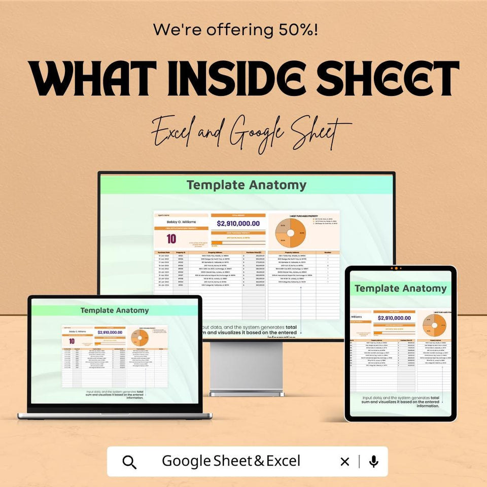 Real Estate Investment Property Sheet – Excel and Google Sheet Template – Property Management, Financial Analysis & Expense Tracking –