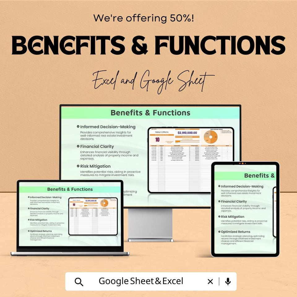 Real Estate Investment Property Sheet – Excel and Google Sheet Template – Property Management, Financial Analysis & Expense Tracking –