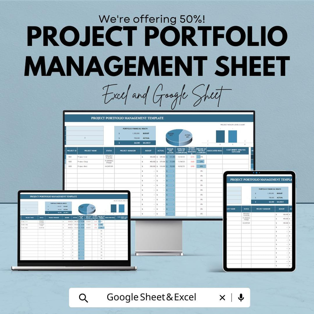 Project Portfolio Management Sheet - Excel and Google Sheets Template for Tracking, Budgeting & Reporting