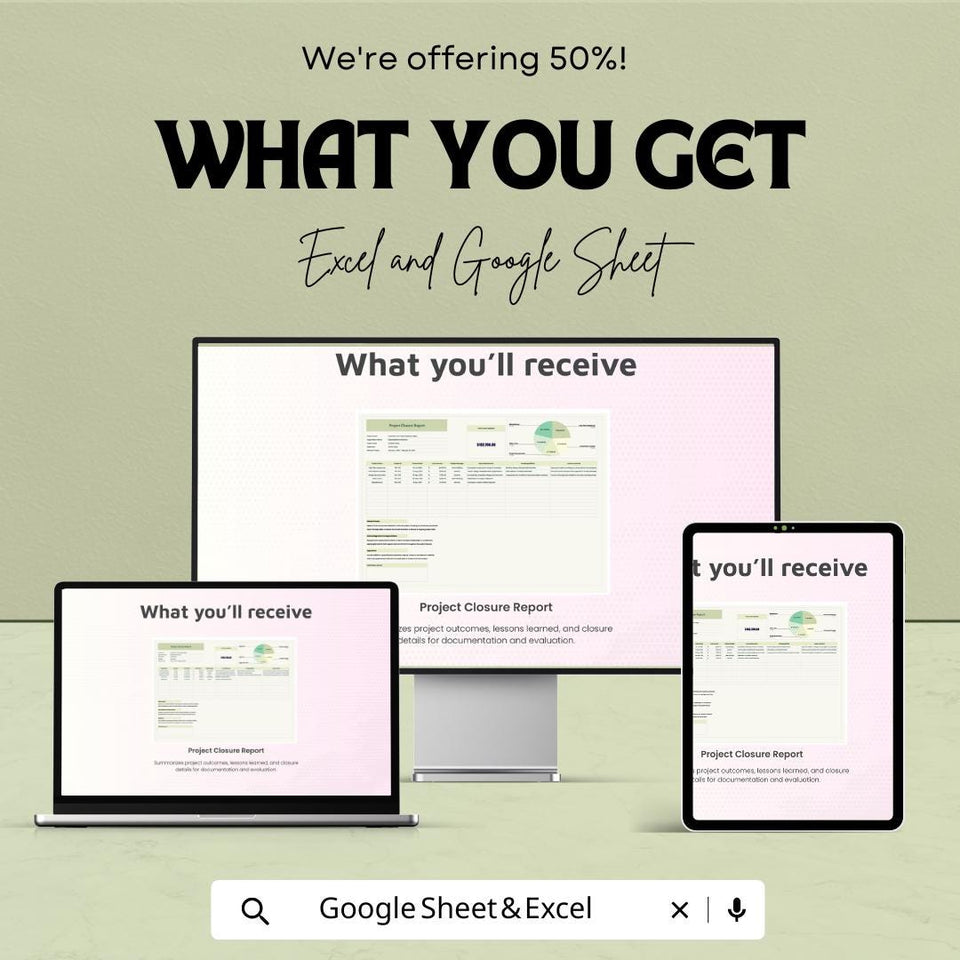 Project Closure Report Sheet | Excel and Google Sheet Template | Project Management Tool | Track Project Outcomes & Closure