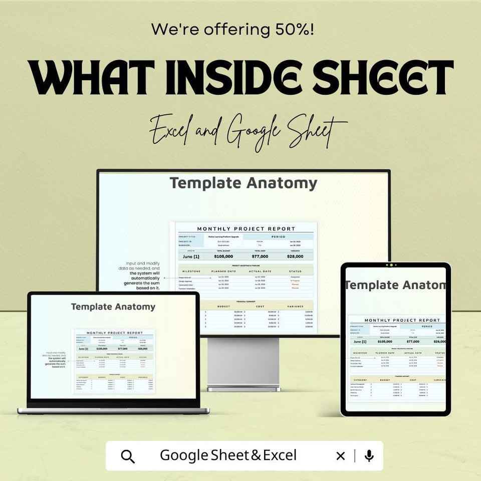 Monthly Project Report Sheet | Excel & Google Sheets Template | Project Tracking, Budgeting, Milestone Monitoring | 50% Off