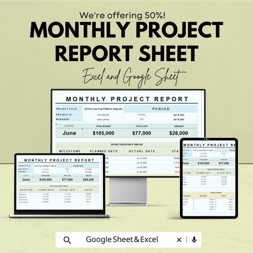 Monthly Project Report Sheet | Excel & Google Sheets Template | Project Tracking, Budgeting, Milestone Monitoring | 50% Off