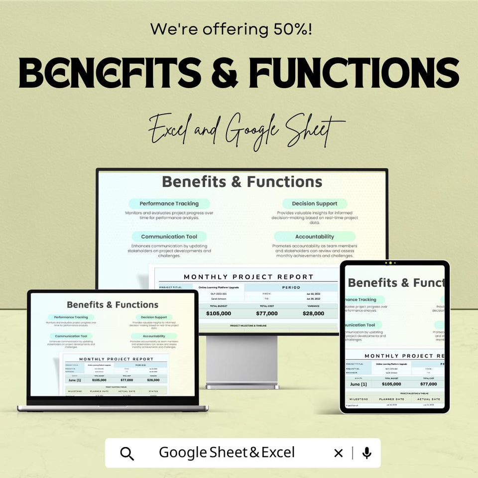 Monthly Project Report Sheet | Excel & Google Sheets Template | Project Tracking, Budgeting, Milestone Monitoring | 50% Off
