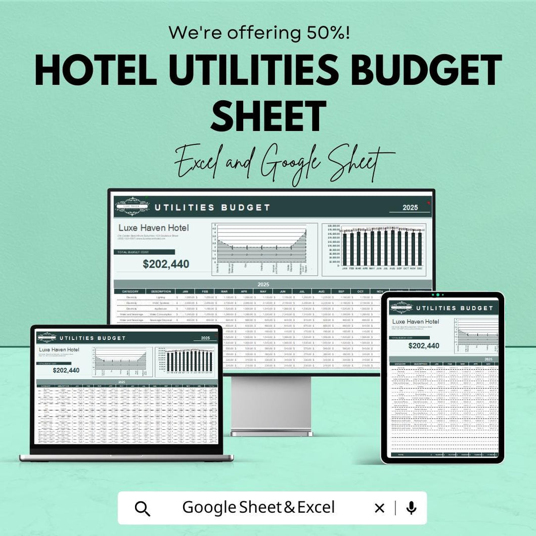 Hotel Utilities Budget Sheet - Excel and Google Sheet - 2025 Financial Planning for Hotels - Track Utilities & Operational Costs |