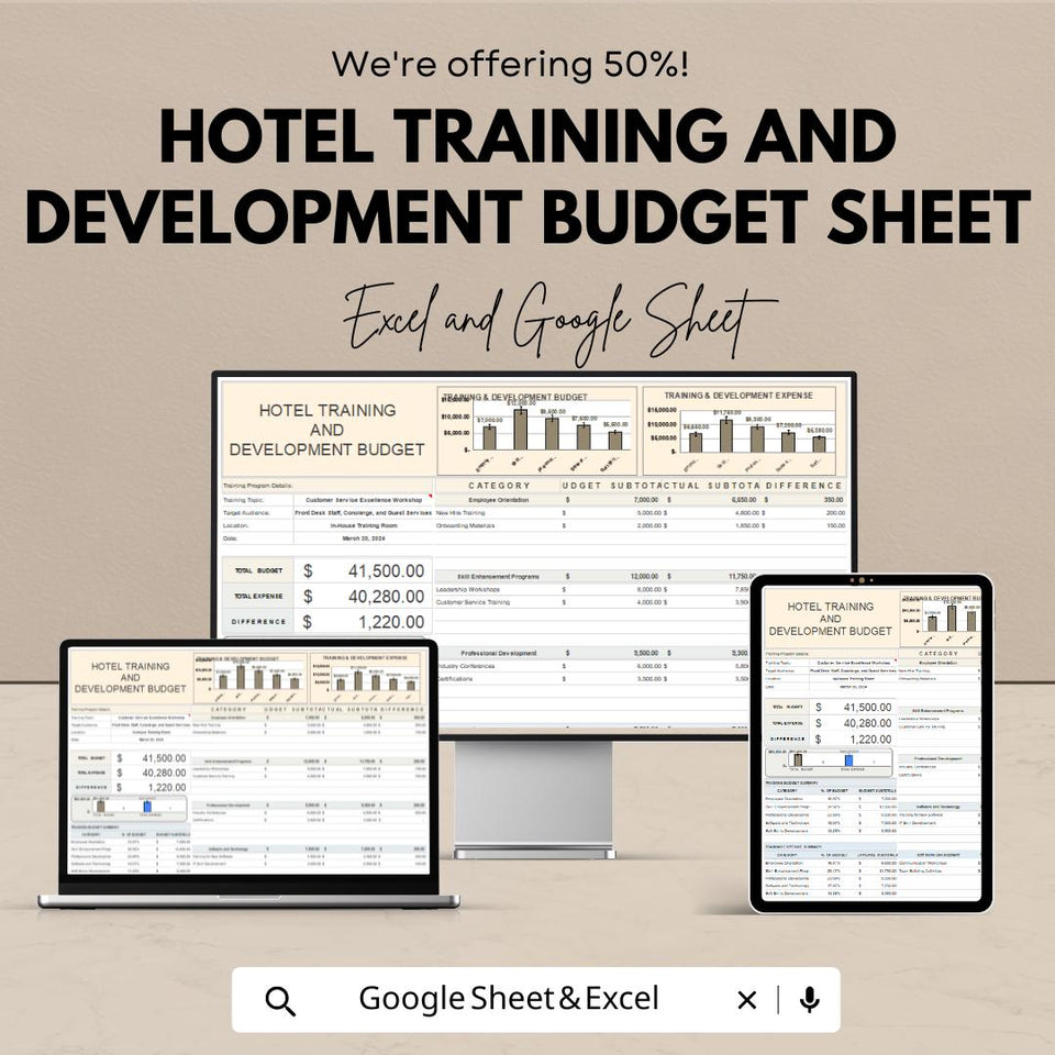 Hotel Training and Development Budget Sheet – Excel & Google Sheet Template – 2024 Training Budgeting for Hotels – Track Staff Training