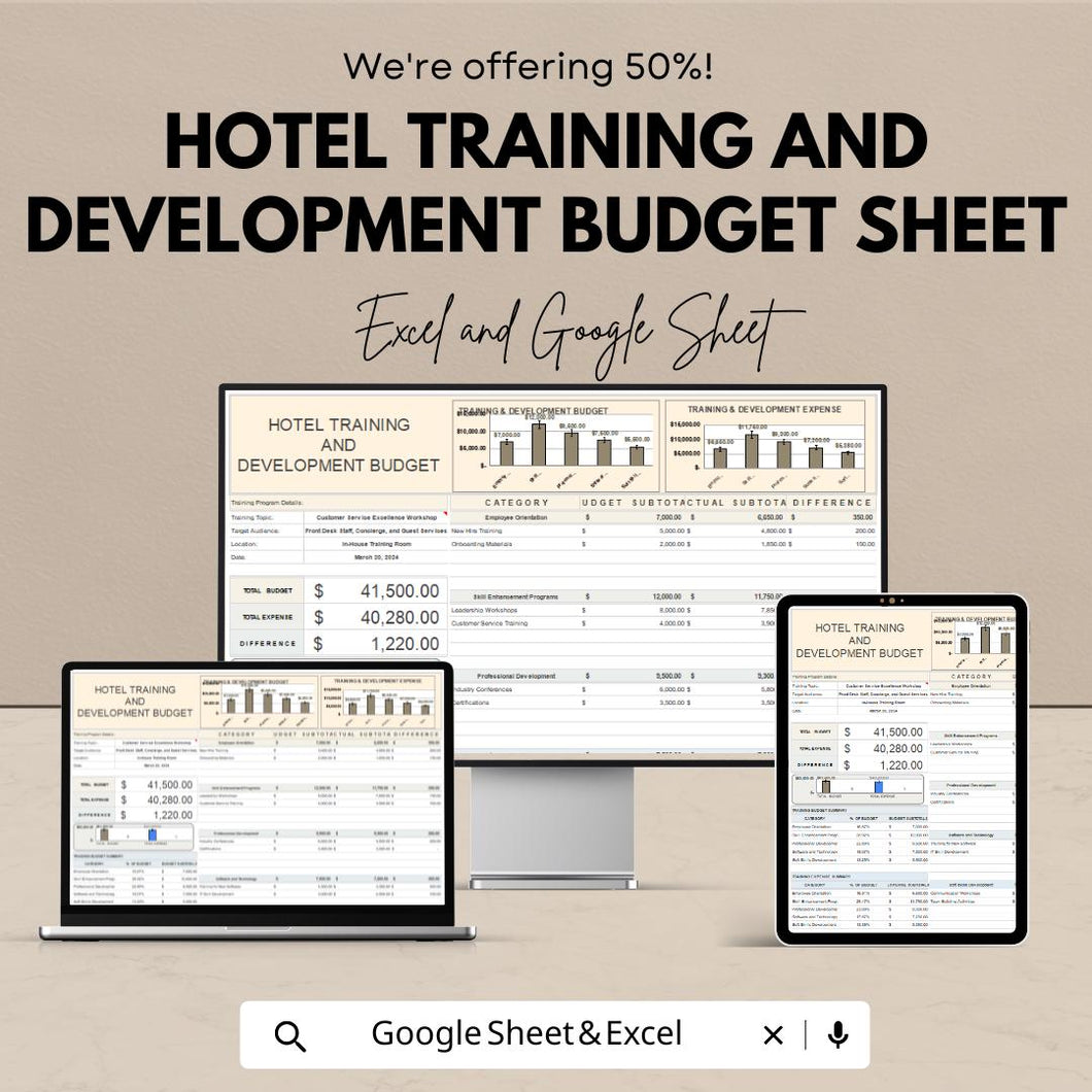 Hotel Training and Development Budget Sheet – Excel & Google Sheet Template – 2024 Training Budgeting for Hotels – Track Staff Training