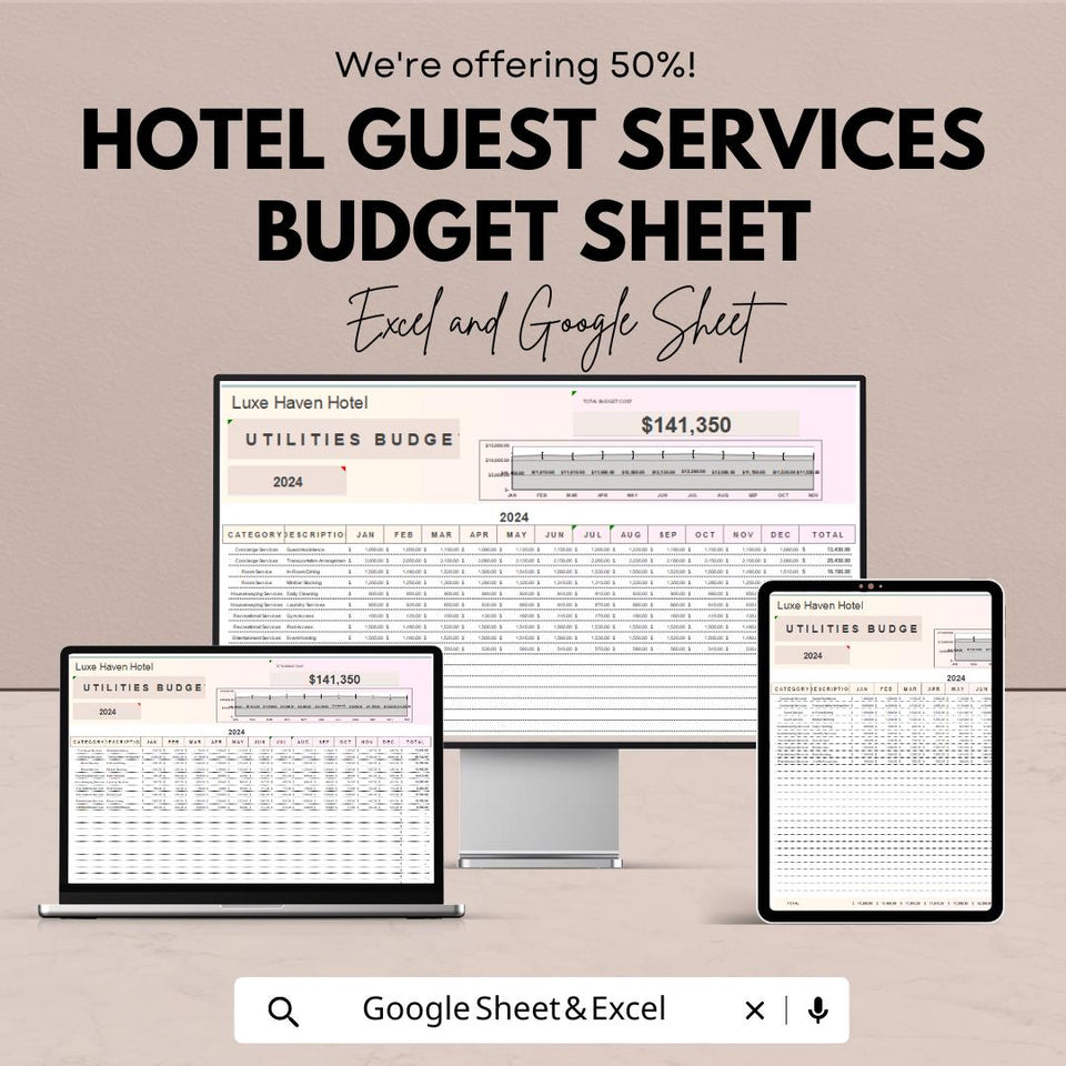 Hotel Guest Services Budget Sheet – Excel & Google Sheet Template – 2024 Financial Planning for Hotels – Track Services and Enhance Guest |