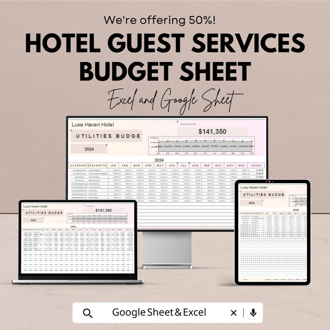 Hotel Guest Services Budget Sheet – Excel & Google Sheet Template – 2024 Financial Planning for Hotels – Track Services and Enhance Guest |
