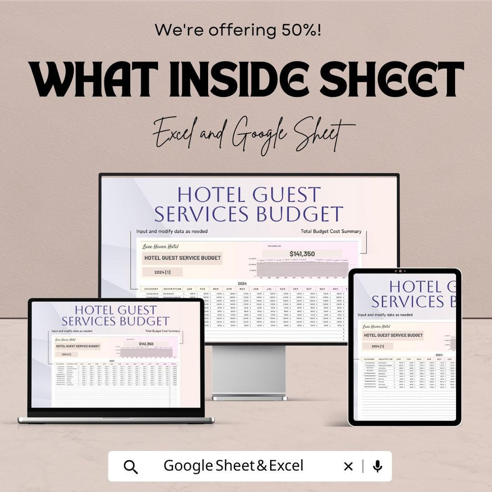 Hotel Guest Services Budget Sheet – Excel & Google Sheet Template – 2024 Financial Planning for Hotels – Track Services and Enhance Guest |