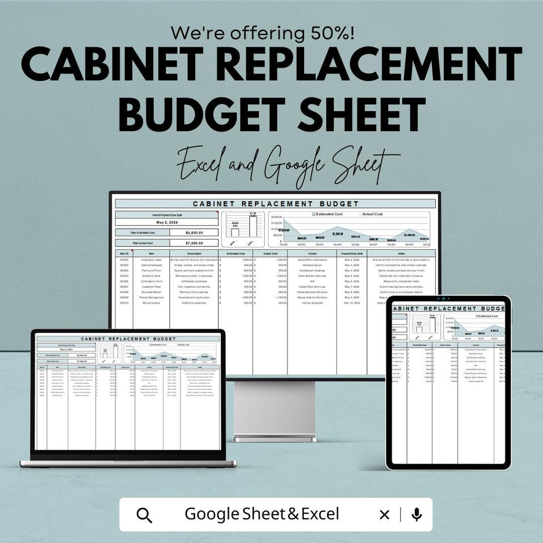 Cabinet Replacement Budget Sheet | Excel & Google Sheet Template | Kitchen Remodel Budget Tracker | Home Improvement Project Tool