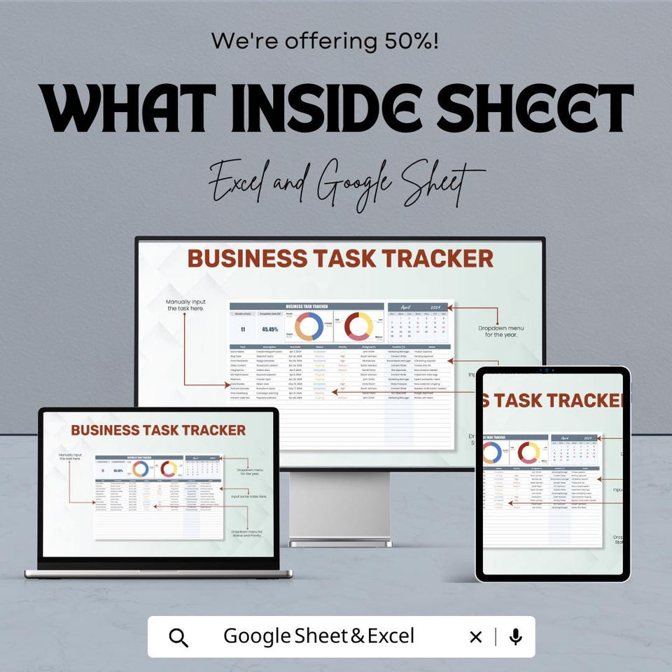 Business Task Tracker Sheet | Excel & Google Sheets Template | Task Management, Goal Setting, Employee Tracking | 50% Off