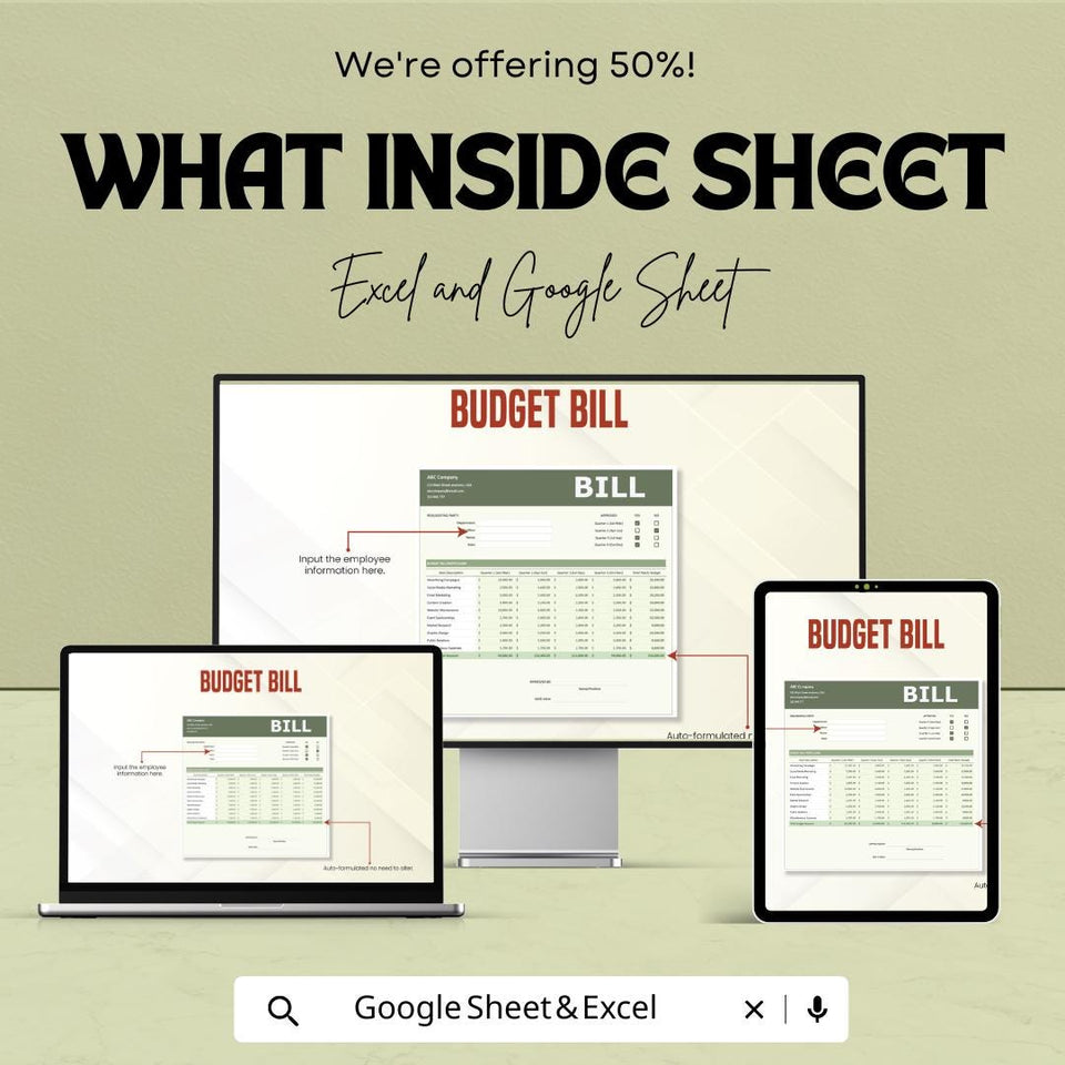 Budget Bill Sheet – Excel & Google Sheets Template for Efficient Budgeting – 50% Off